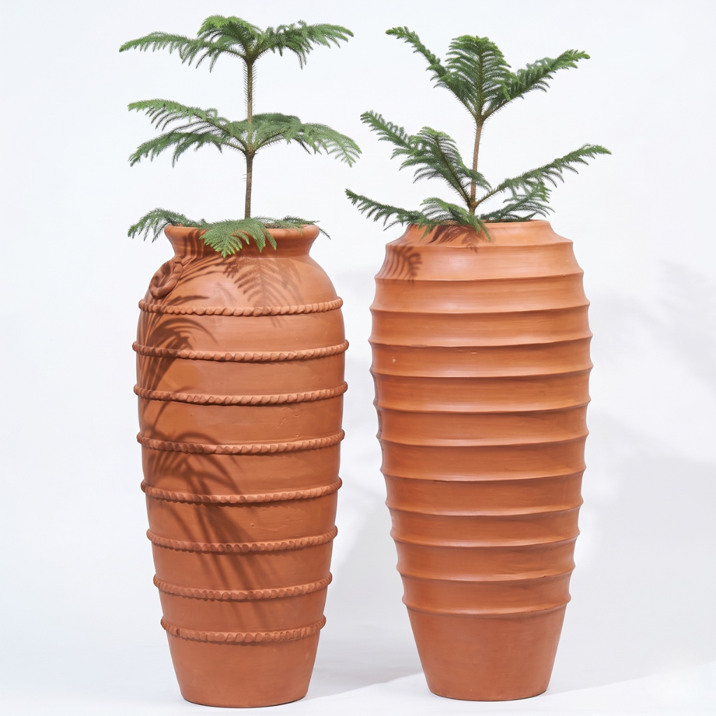 Traditional Handmade Terracotta Cay Pots with Decorative Horizontal Textures 2 SET