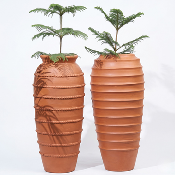 Traditional Handmade Terracotta Cay Pots with Decorative Horizontal Textures 2 SET